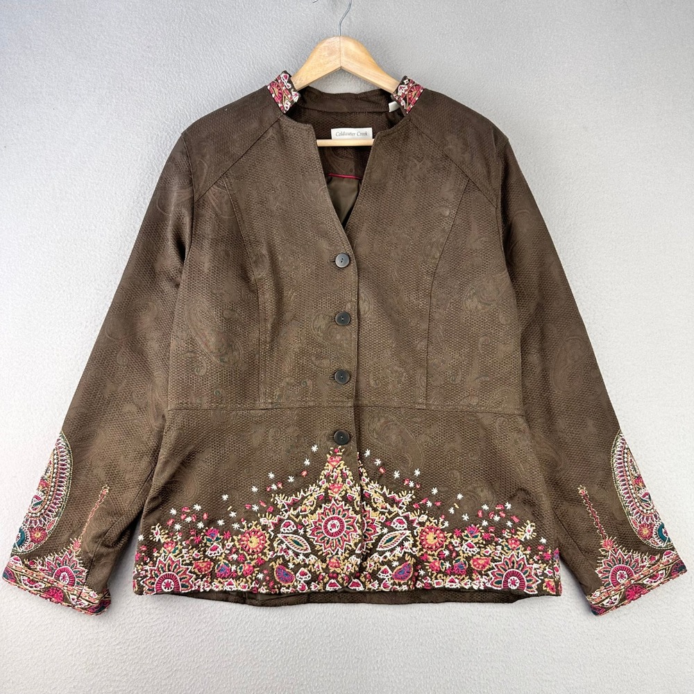 Coldwater Creek Blazer Womens 12 Brown Embroidered Paisley Boho Button Up Jacket